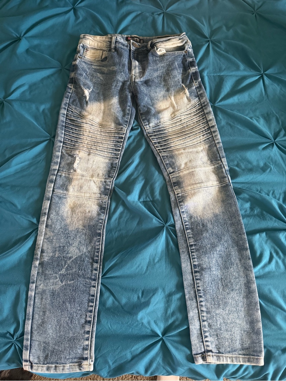 South Pole Men's Light Blue Washed Moto Ribbed Jeans